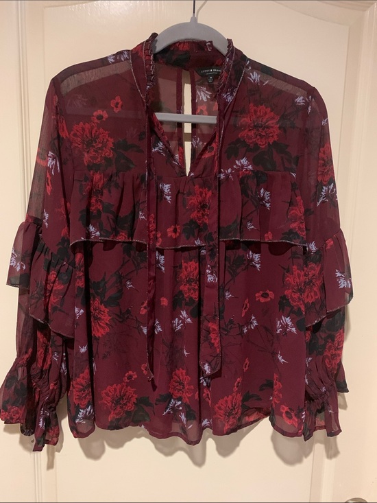 Lucky Brand Tops - Lucky Brand Burgundy Floral Ruffle Tie-Neck Blouse